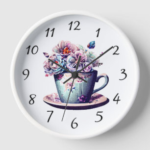 Horloge Tasse à thé antique avec fleurs vintage