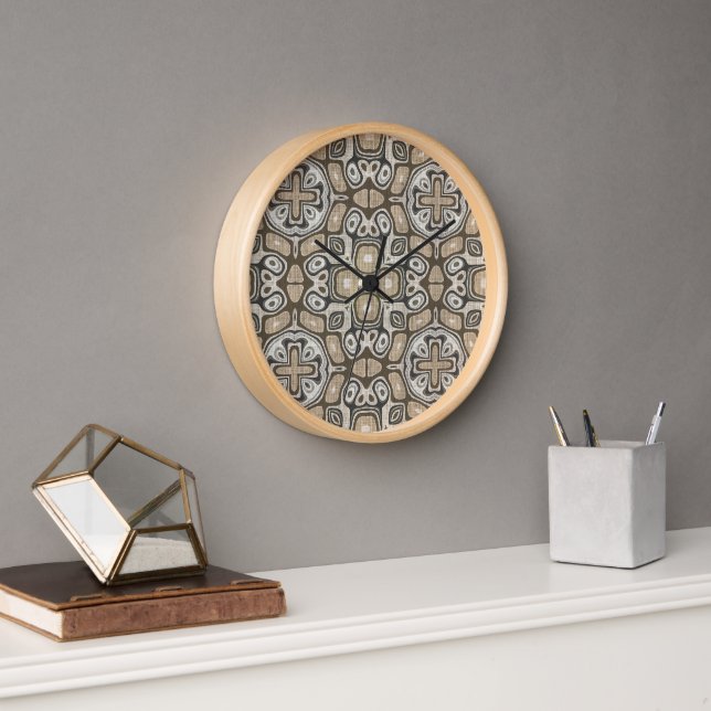 Horloge Taupe Brown Gris Beige Hip Bohême Art Motif (Bureau)