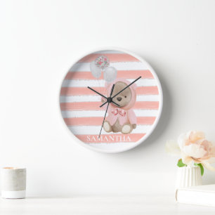 Horloge Teddy Bear Pink Girl's Personnalisé Room
