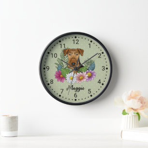 Horloge Tête De Chien Airedale Terrier Avec Fleurs Et Nom