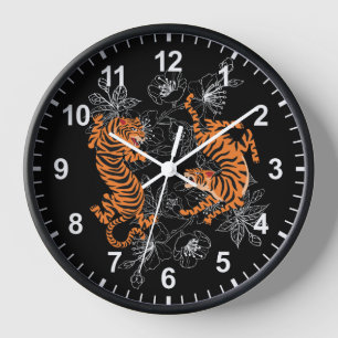 Horloge Tigers Style Art Japonais Noir Chiffres Arrière -