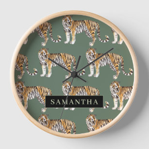 Horloge Tigres d'aquarelle verte tropicale Motif avec nom