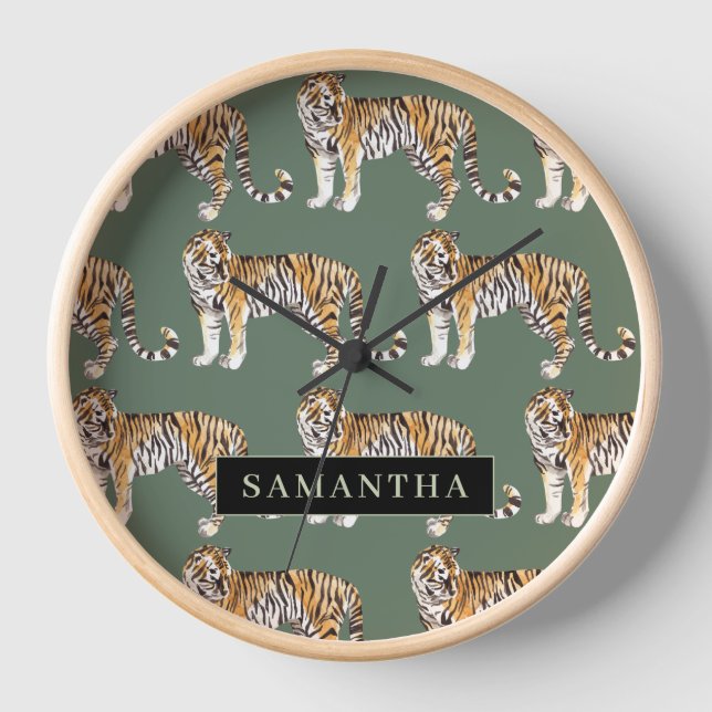 Horloge Tigres d'aquarelle verte tropicale Motif avec nom (Recto)