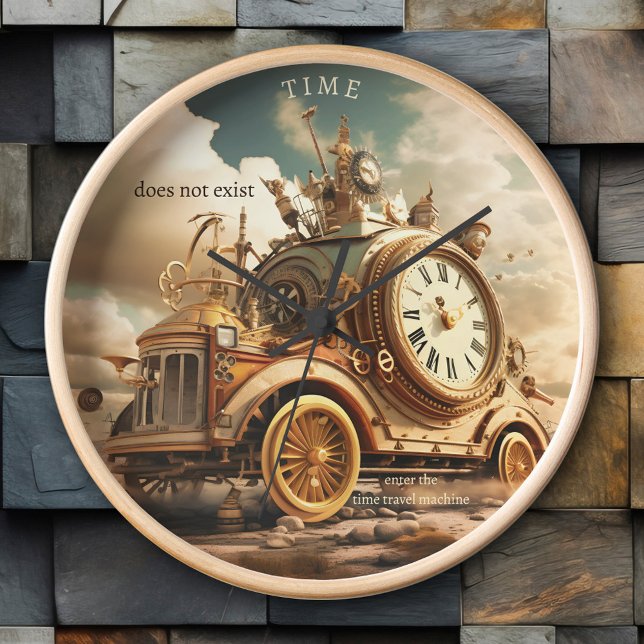 Horloge Time Travel Imaginaire Surreal Art (Whimsical wall clock featuring a surreal art fantasy steampunk time travel machine.)