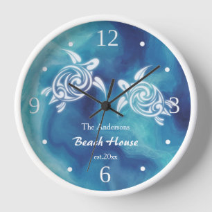 Horloge Tortues blanches Aquarelle bleu océan Texte côtier