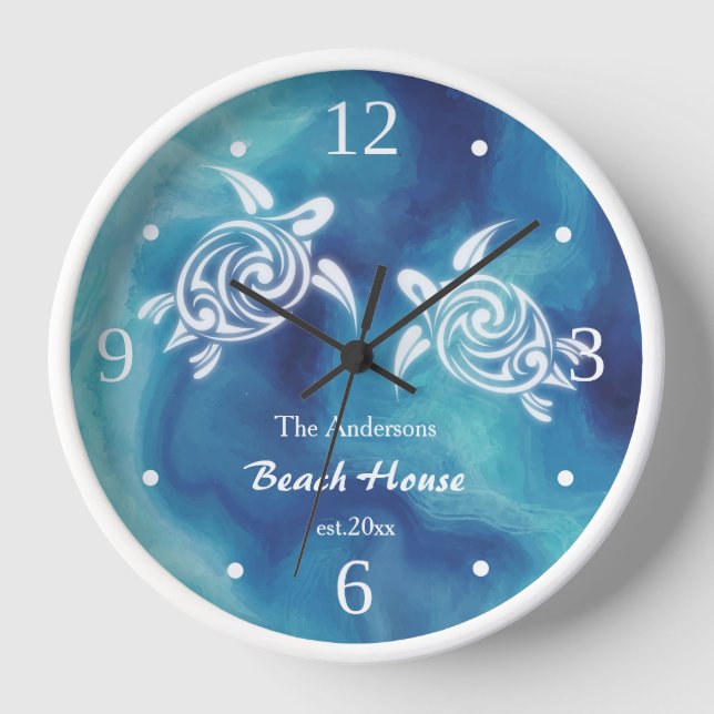 Horloge Tortues blanches Aquarelle bleu océan Texte côtier (Recto)