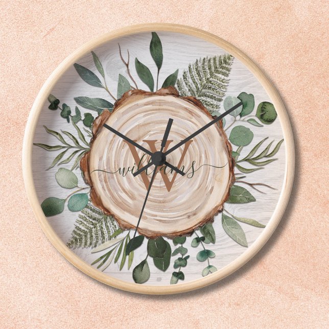 Horloge Tranche de bois rustique et feuillage à aquarelle  (In situ wall)