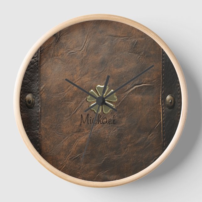 Horloge Trèfle doré Saint-Patrick, Cuir marron (Recto)