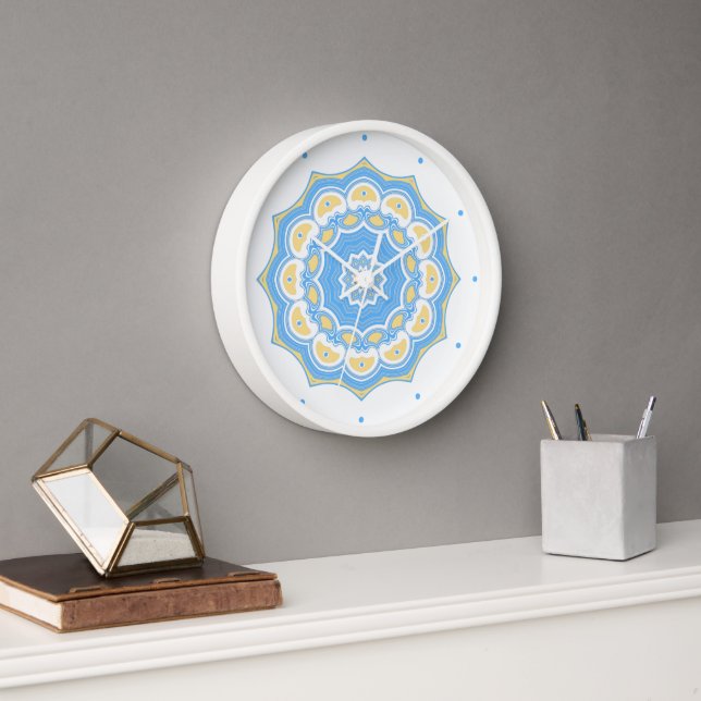 Horloge Trendy Pale Blue and Yellow Abstract Mandala (Bureau)