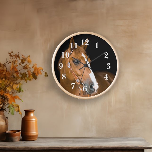 Horloge Trimestre Horse Photo Brown Blanc Numéroté (Quarter-horse round wall clock)