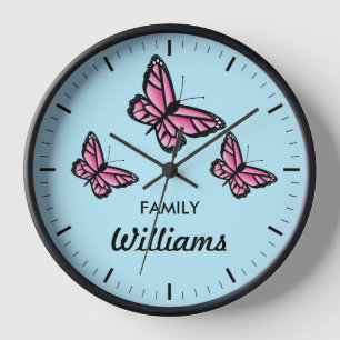 Horloge Trois Papillons Roses Avec Nom De Famille