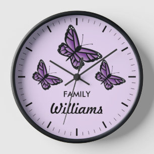 Horloge Trois Papillons Violets Avec Nom De Famille
