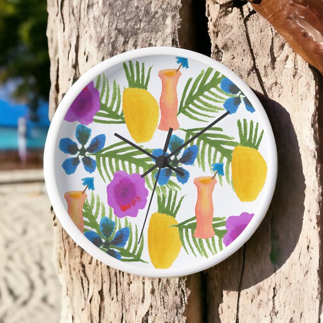 Horloge Tropical Tiki Time Cocktails Design Cadre blanc (It's Five O' Clock Somewhere!)