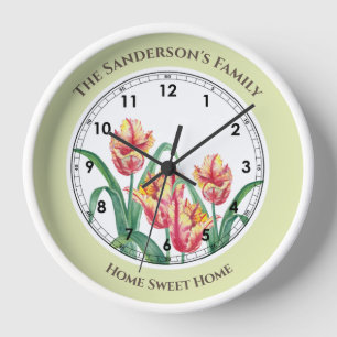 Horloge Tulipes de perroquets jaunes Aquarelle Fleur Nombr
