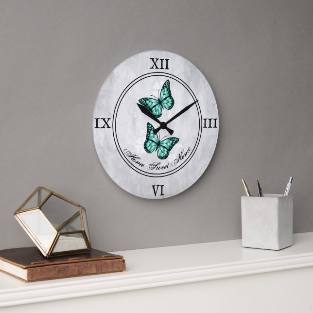 Horloge turquoise du papillon floral acrylique (Bureau)