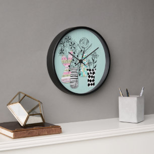 Horloge Turquoise floral Scandi du milieu du siècle