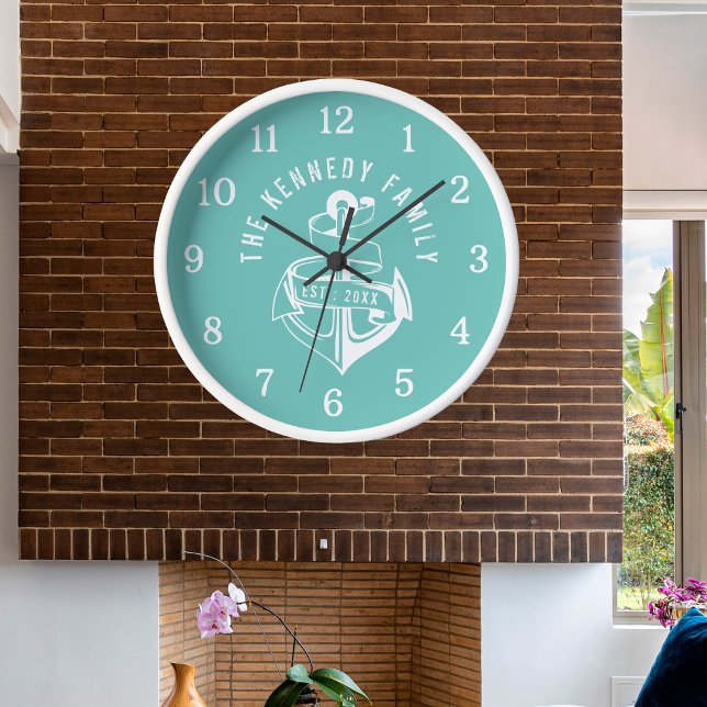 Horloge Turquoise White Ancre Beach House Nom de famille p (Créateur téléchargé)
