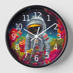 Horloge Un astronaute coloré dans l'espace avec des fleurs