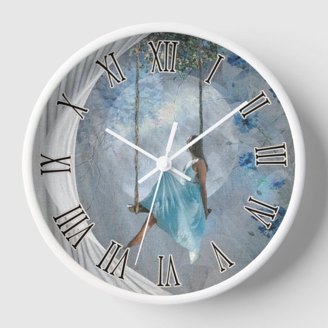 Horloge Une femme en robe bleue sur un swing (Recto)