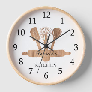 Horloge Ustensiles de cuisine rustique en bois Nom personn