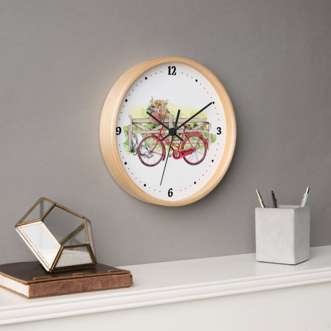 Horloge Vélo rouge avec Fleurs Aquarelle (Bureau)