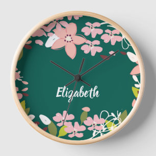 Horloge Vert avec fleurs roses Personnalisé