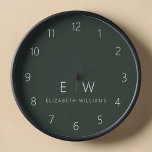 Horloge Vert foncé Élégant Moderne Minimaliste Monogramme<br><div class="desc">Améliorez votre décoration de maison avec notre horloge murale Monogramme minimaliste classique élégant et moderne. Ce magnifique garde-temps allie élégance intemporelle et minimalisme contemporain, élevant votre espace de vie à de nouveaux niveaux de sophistication. Réalisée avec précision et attention minutieuse aux détails, cette horloge murale est plus qu'un simple accessoire...</div>