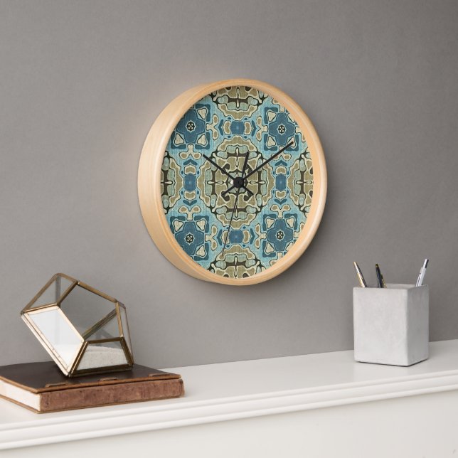 Horloge Vert gris Turquoise bleu ocre Hip Bohême Bali Art (Bureau)
