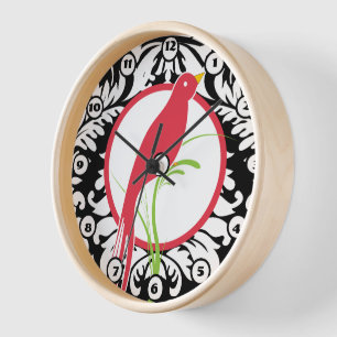 Horloge vintage noir blanc damas et oiseau rouge