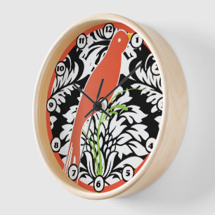 Horloge vintage noir blanc damasqué oiseau tangeri