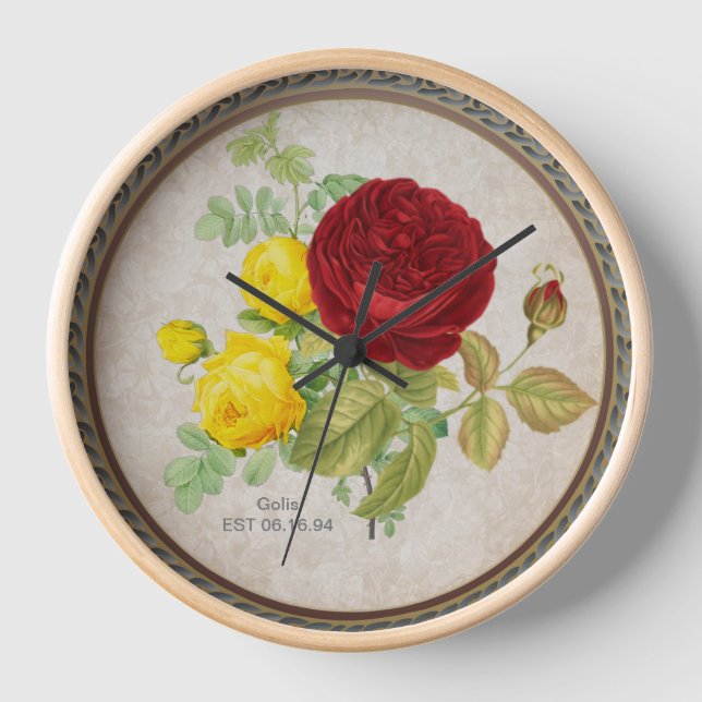 Horloge vintage rouge jaune rose florale (Recto)