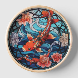 Horloge Vitrail asiatique style Koi Poisson et Camellias