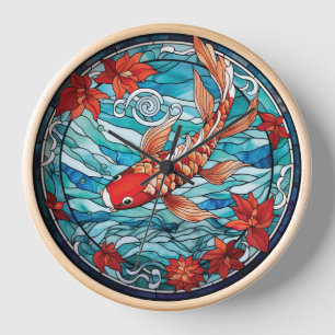 Horloge Vitrail asiatique style Koi Poisson et Camellias