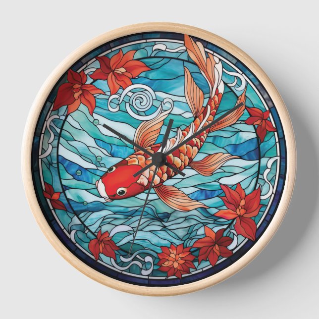 Horloge Vitrail asiatique style Koi Poisson et Camellias (Recto)