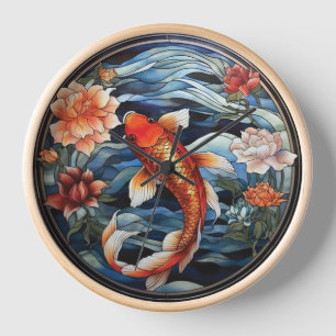 Horloge Vitrail asiatique style Koi Poisson et Camellias