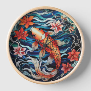 Horloge Vitrail asiatique style Koi Poisson et Camellias