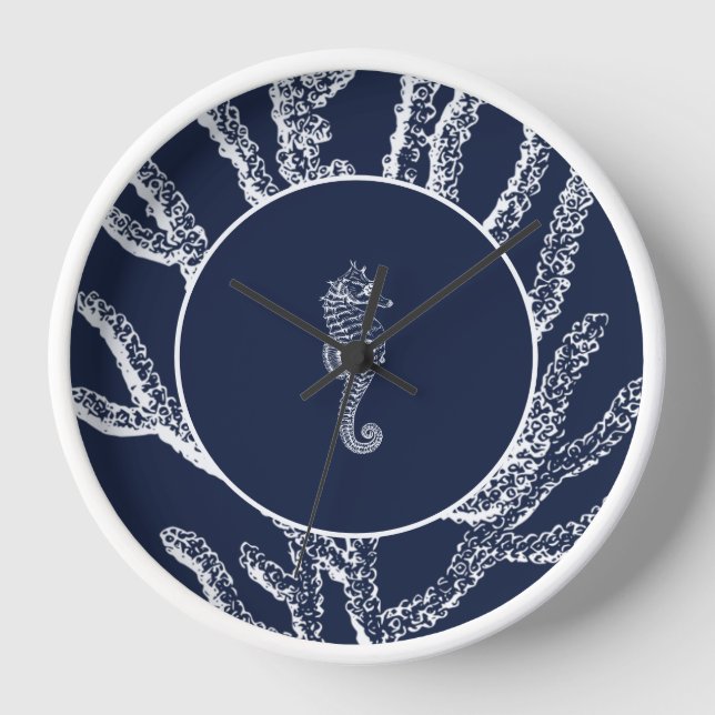 Horloge Whispers nautiques : Hippocampe bleu et blanc et c (Recto)