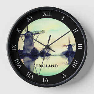 Horloge Windmills à Kinderdijk - Watercolor Painting