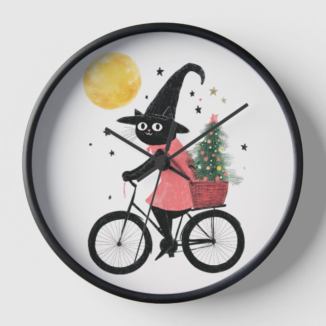 Horloge Witch Black Cat Cycling at Night Spooky Christmas (Recto)