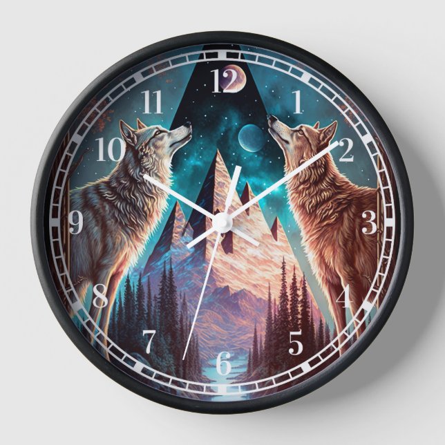 Horloge Wolves Mountain Visionary Imaginaire Art (Recto)