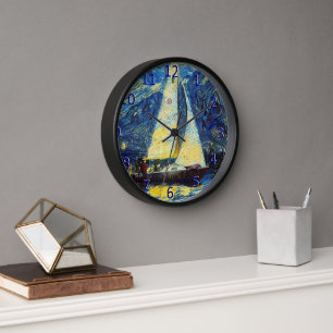Horloge Yacht Van Gogh Style Blue, Or, Voile