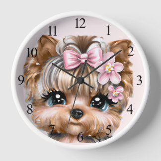 Horloge Yorkie mignonne avec une corse rose