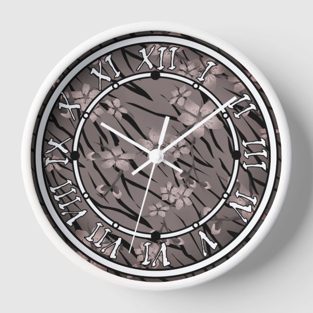 Horloge Zèbre zèbre Abstraite peau de tigre fleurs fleuris (Recto)