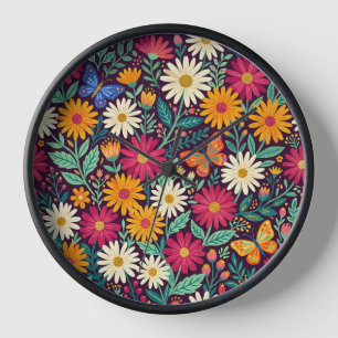 Horloges Art Abstrait Folk Fleurs Papillons