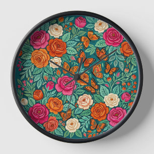 Horloges Art Abstrait Roses Papillons Folk