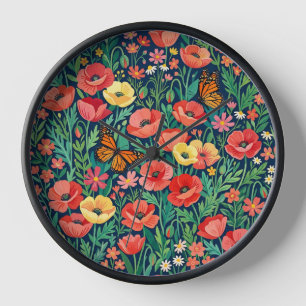Horloges Art Botanique Papillons Coquelicots Abstr