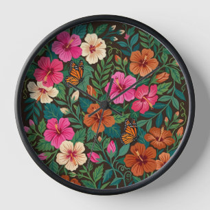 Horloges Art Gouache Hibiscus Papillons Abstraits