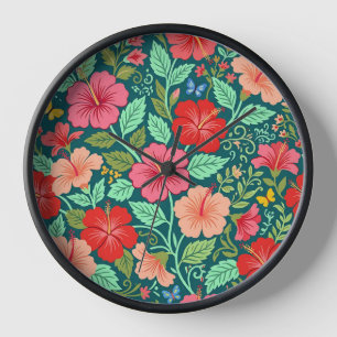 Horloges Artistiques avec Hibiscus et Papillons In