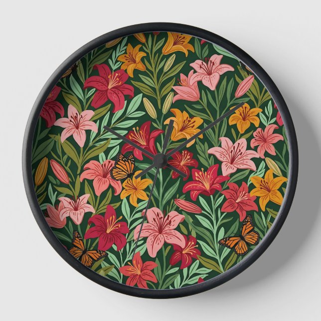 Horloges d'art abstrait Boho Lilies Papillons (Recto)