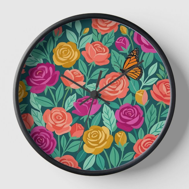 Horloges d'art aux roses abstraites papillon monar (Recto)